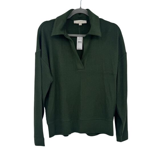 NWT Loft Women's Medium Casual Waffle V Neck Long Sleeve Rayon Green Sweater - Picture 1 of 10
